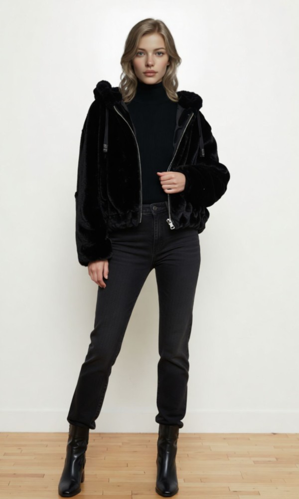 Μαύρο Faux Fur Γουνάκι με Κουκούλα