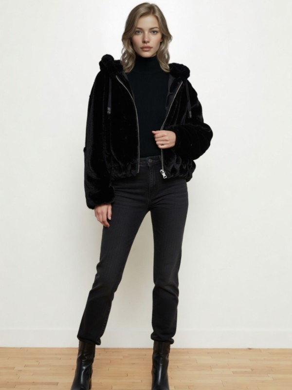 Μαύρο Faux Fur Γουνάκι με Κουκούλα
