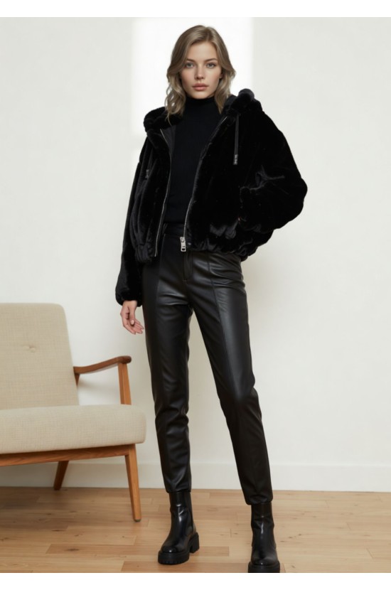 Μαύρο Faux Fur Γουνάκι με Κουκούλα Μαύρο Faux Fur Γουνάκι με Κουκούλα