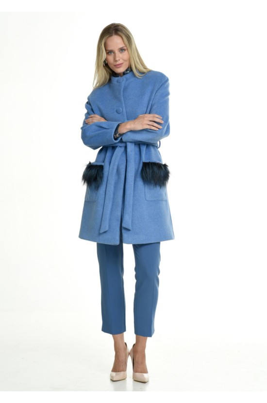 Γαλάζιο Παλτό με Τσέπες Γούνα