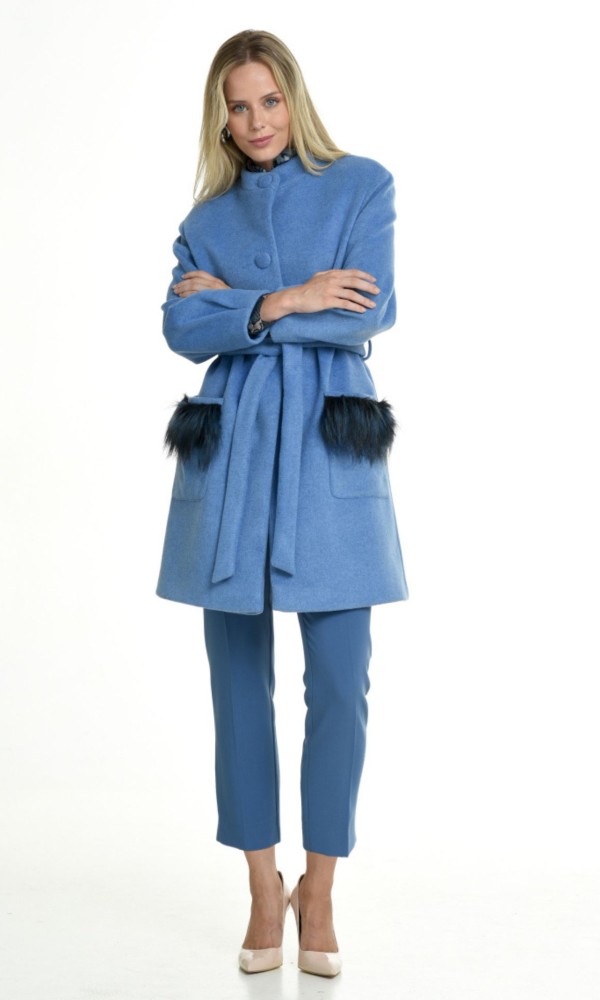 Γαλάζιο Παλτό με Τσέπες Γούνα