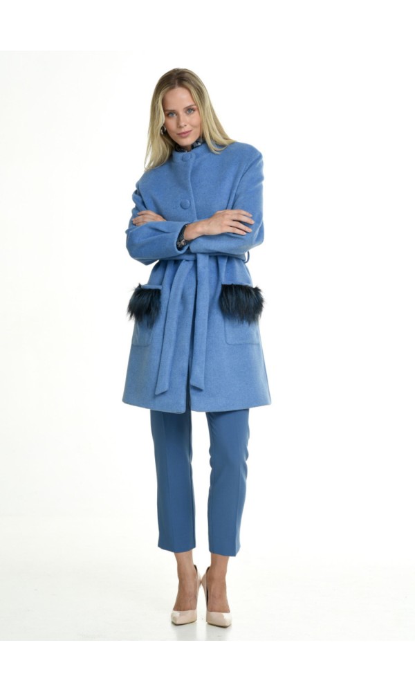 Γαλάζιο Παλτό με Τσέπες Γούνα