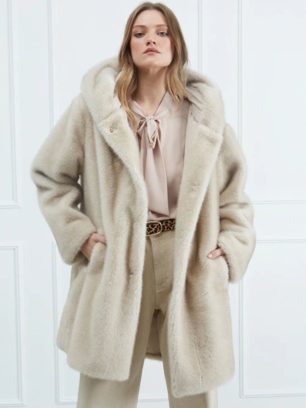 Ecru Fur Coat with Hood