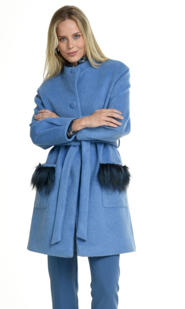 Γαλάζιο Παλτό με Τσέπες Γούνα