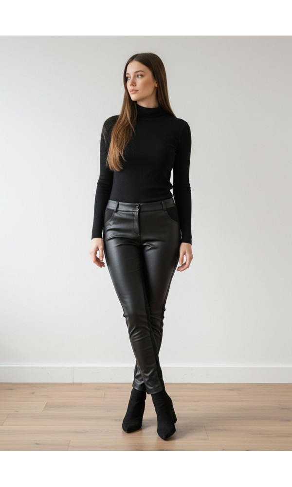 Ίσιο Παντελόνι με Δερματίνη & Ύφασμα