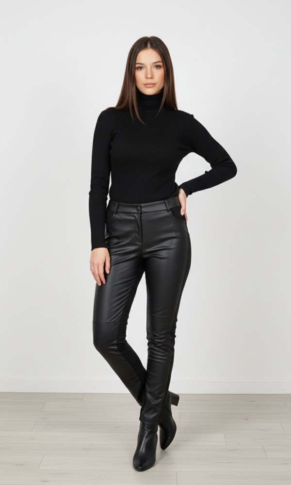 Ίσιο Παντελόνι με Δερματίνη & Ύφασμα