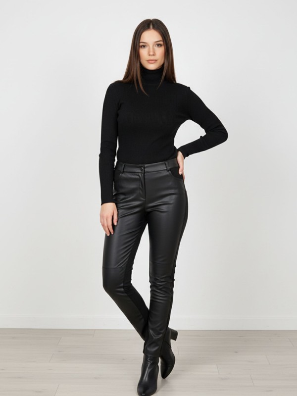 Ίσιο Παντελόνι με Δερματίνη & Ύφασμα