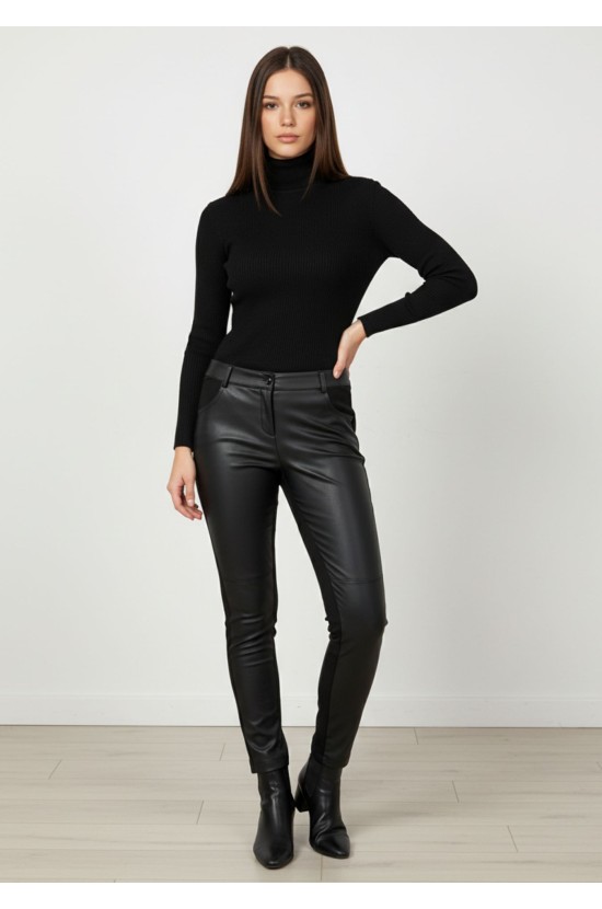 Ίσιο Παντελόνι με Δερματίνη & Ύφασμα