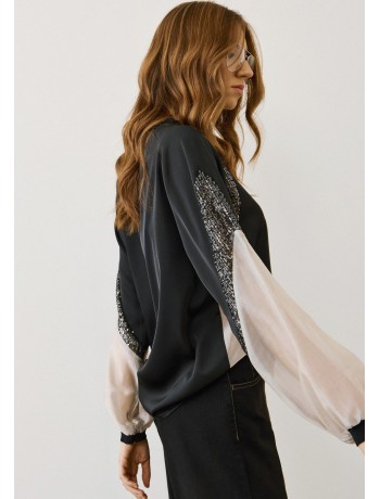 Black Blouse with Sheer Details & Sequins on the Sleeves Black Blouse with Sheer Details & Sequins on the Sleeves