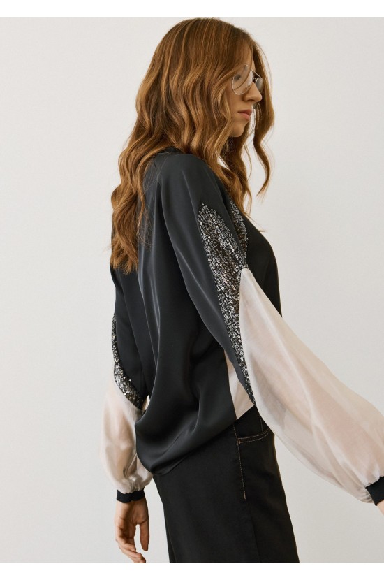 Black Blouse with Sheer Details & Sequins on the Sleeves