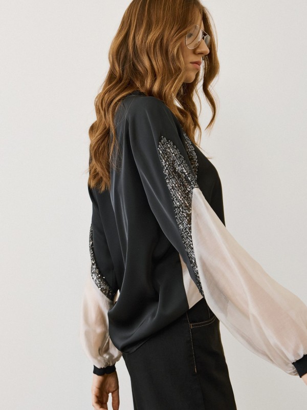 Black Blouse with Sheer Details & Sequins on the Sleeves