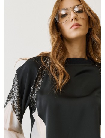 Black Blouse with Sheer Details & Sequins on the Sleeves Black Blouse with Sheer Details & Sequins on the Sleeves
