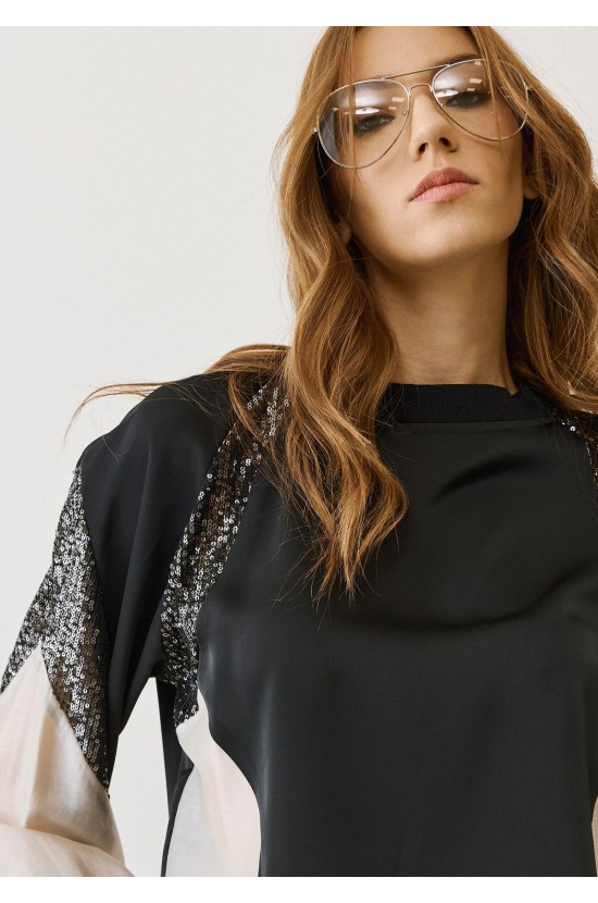 Black Blouse with Sheer Details & Sequins on the Sleeves
