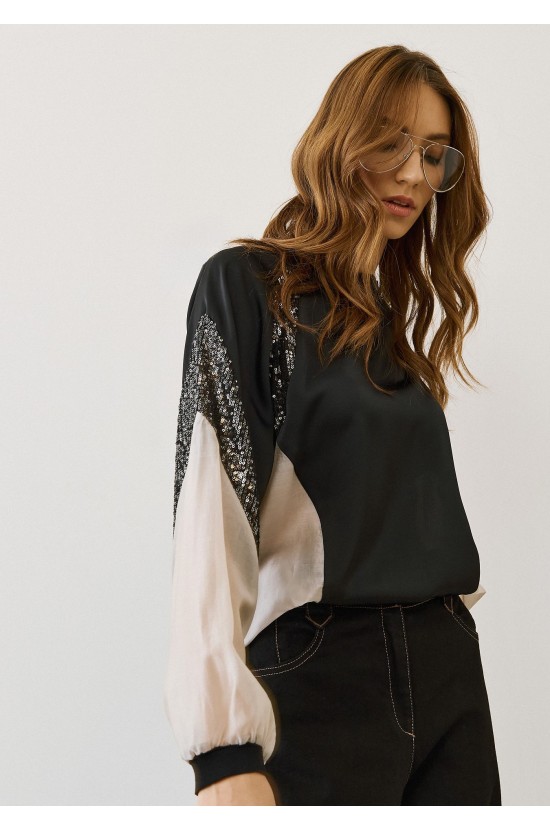 Black Blouse with Sheer Details & Sequins on the Sleeves
