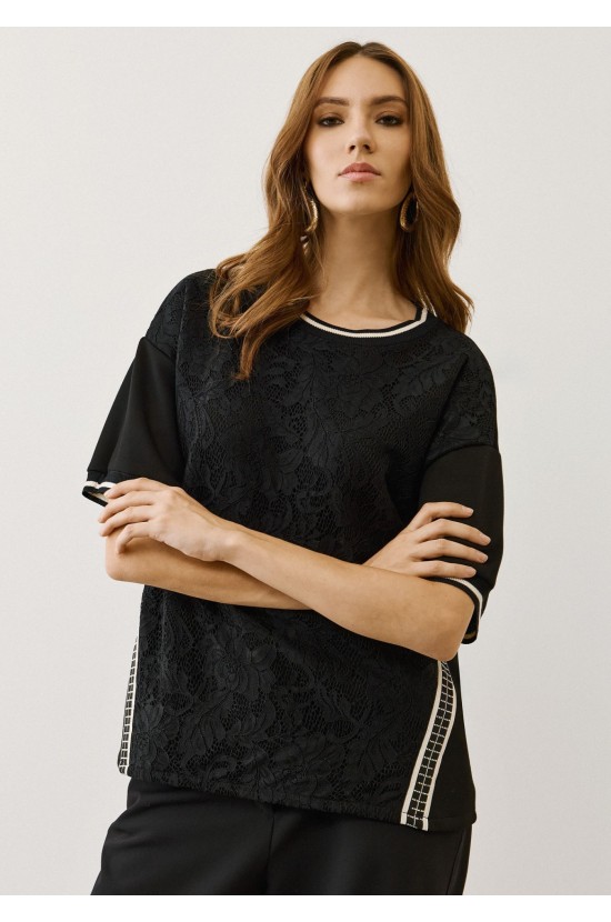 Black Blouse with Lace & Satin Details