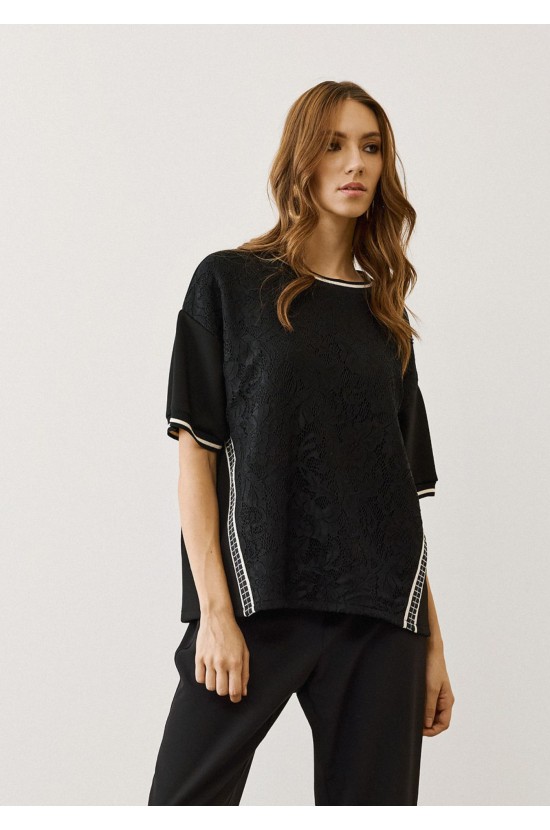 Black Blouse with Lace & Satin Details