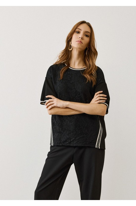 Black Blouse with Lace & Satin Details