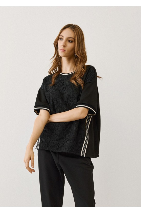 Black Blouse with Lace & Satin Details