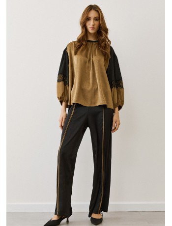 Gold Satin Blouse with Balloon Sleeves & Lace Gold Satin Blouse with Balloon Sleeves & Lace