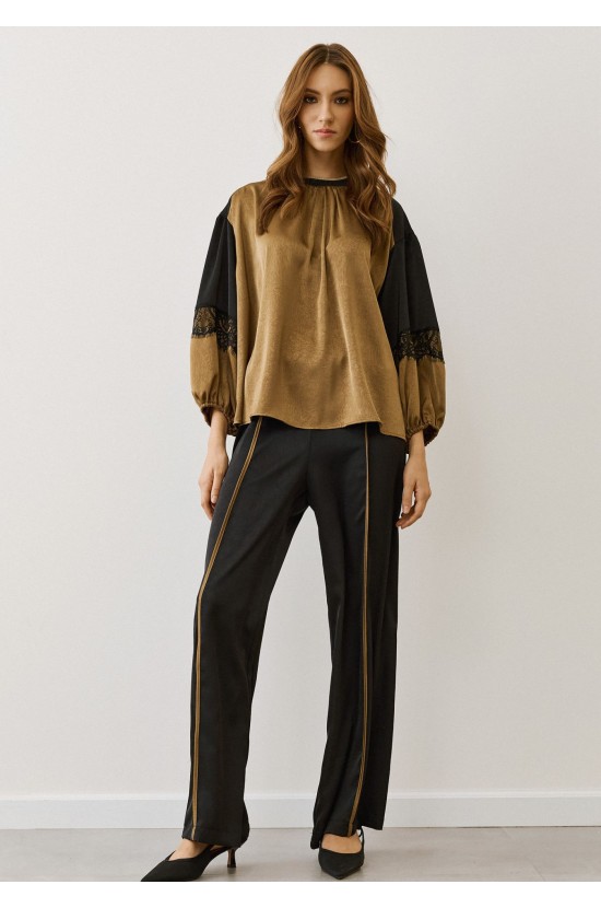 Gold Satin Blouse with Balloon Sleeves & Lace
