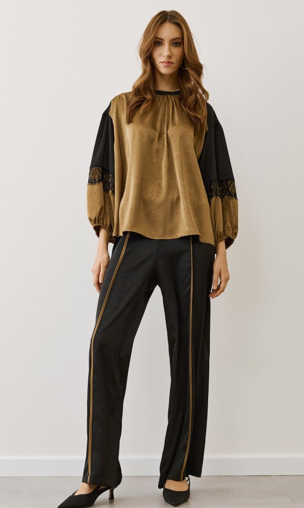 Μπλούζα Σατέν Χρυσαφί με Balloon Μανίκια & Δαντέλα Μπλούζα Σατέν Χρυσαφί με Balloon Μανίκια & Δαντέλα