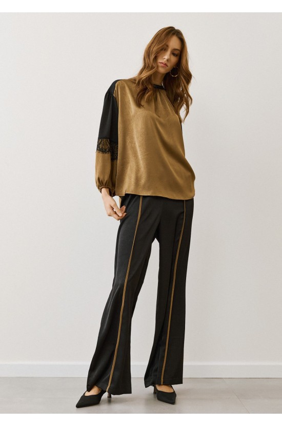 Gold Satin Blouse with Balloon Sleeves & Lace