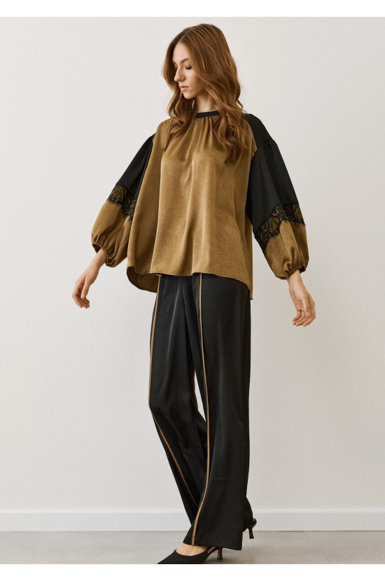 Gold Satin Blouse with Balloon Sleeves & Lace