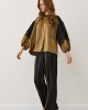 Gold Satin Blouse with Balloon Sleeves & Lace