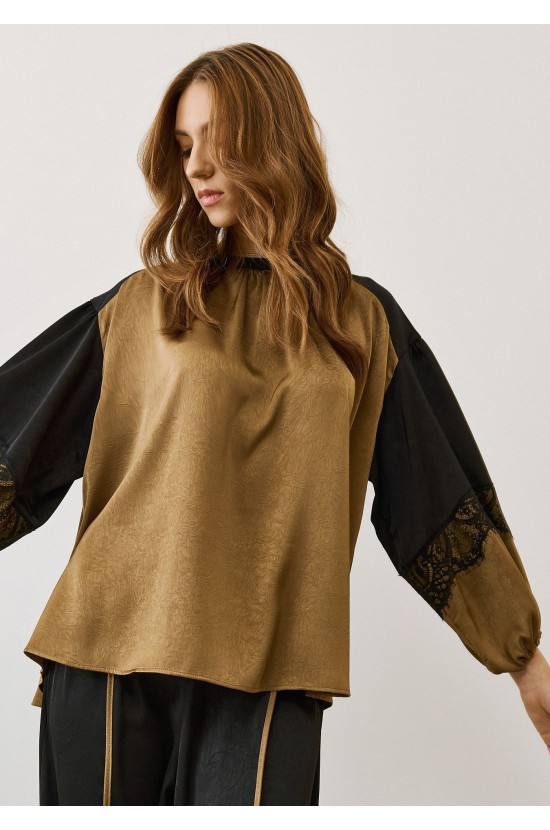 Gold Satin Blouse with Balloon Sleeves & Lace