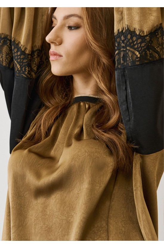 Gold Satin Blouse with Balloon Sleeves & Lace