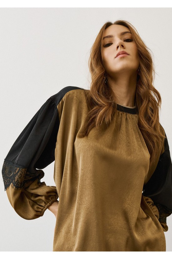 Gold Satin Blouse with Balloon Sleeves & Lace