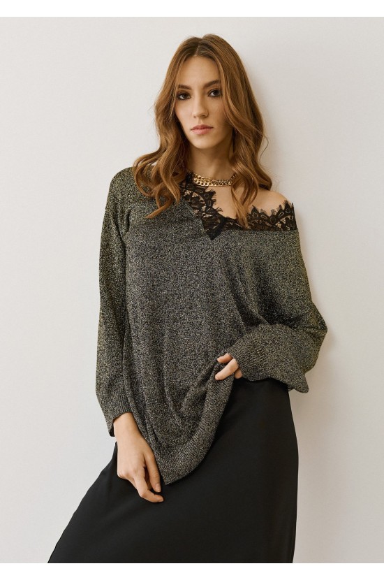 Χρυσή Lyrex Μπλούζα με Δαντελωτή V Λαιμόκοψη