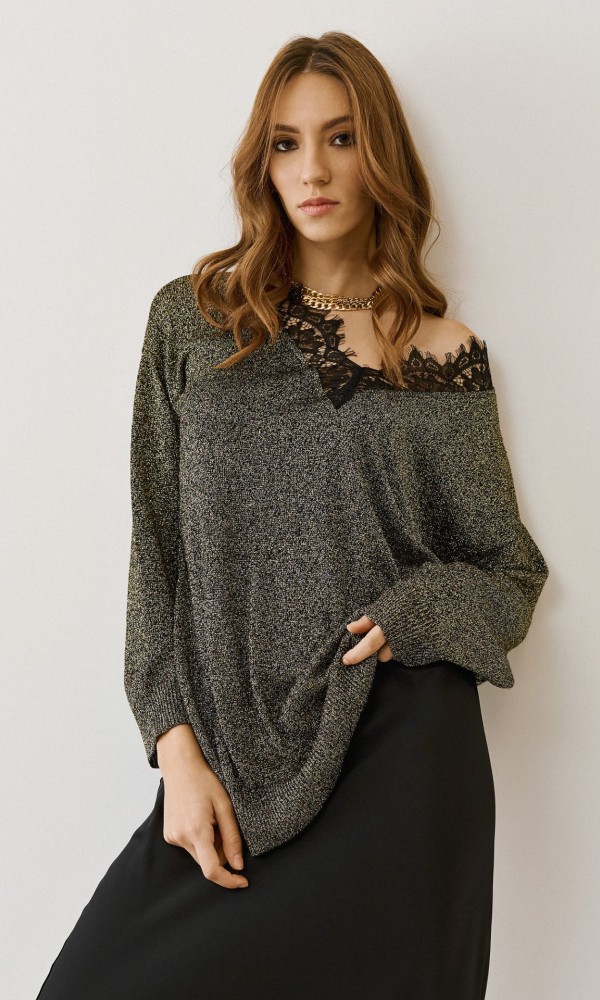 Golden Lyrex Blouse with Lace V Neckline
