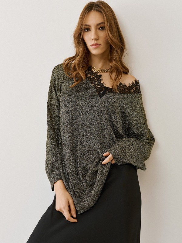 Χρυσή Lyrex Μπλούζα με Δαντελωτή V Λαιμόκοψη