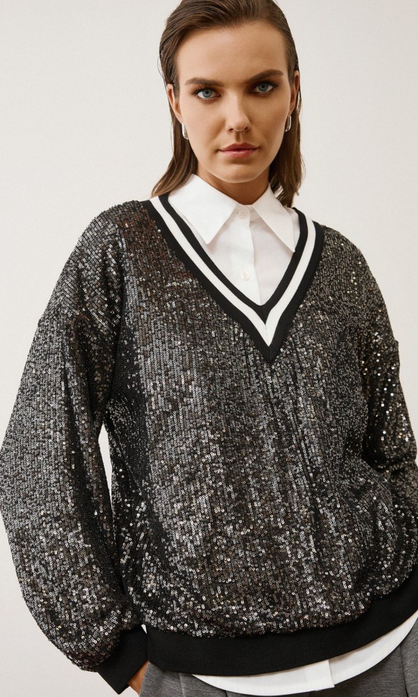 Casual Chic Μπλούζα με Παγιέτες