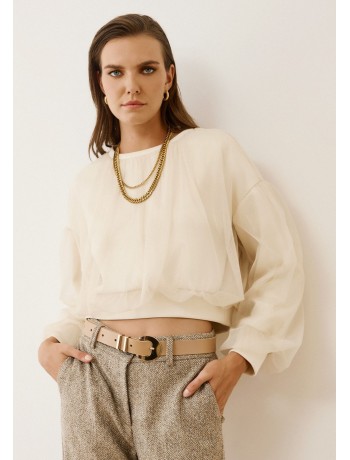 Εκρού Αέρινη Μπλούζα με Διαφάνεια