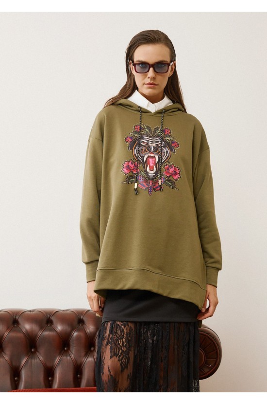 Λαδί Oversized Φούτερ με Κέντημα
