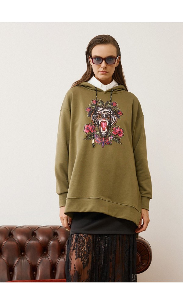 Λαδί Oversized Φούτερ με Κέντημα Λαδί Oversized Φούτερ με Κέντημα