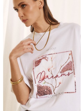 Λευκό T-Shirt Με Παγιέτα Και Floral Print Λευκό T-Shirt Με Παγιέτα Και Floral Print
