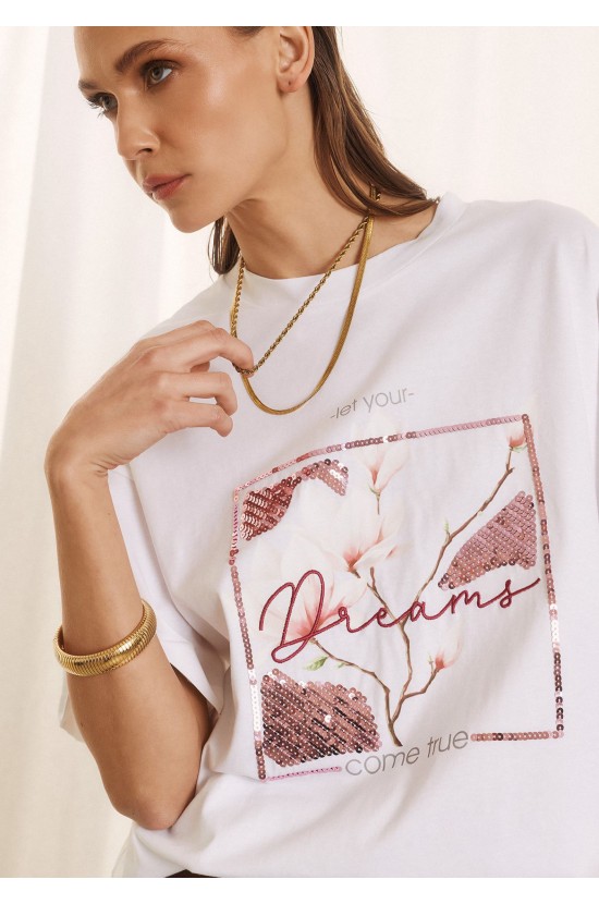 Λευκό T-Shirt Με Παγιέτα Και Floral Print