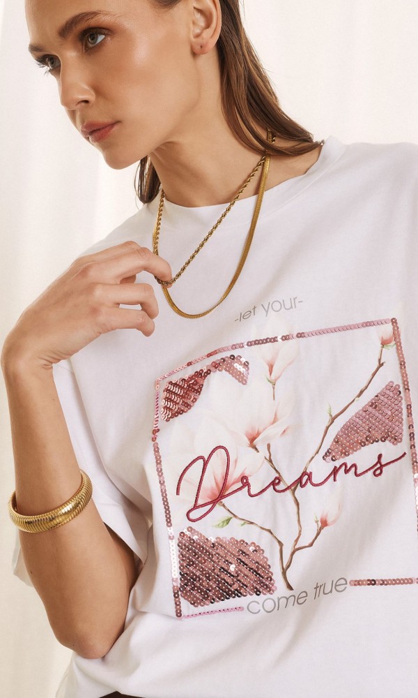 Λευκό T-Shirt Με Παγιέτα Και Floral Print Λευκό T-Shirt Με Παγιέτα Και Floral Print