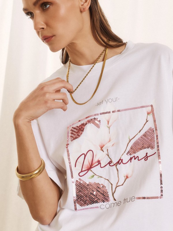 White T-Shirt with Sequins and Floral Print