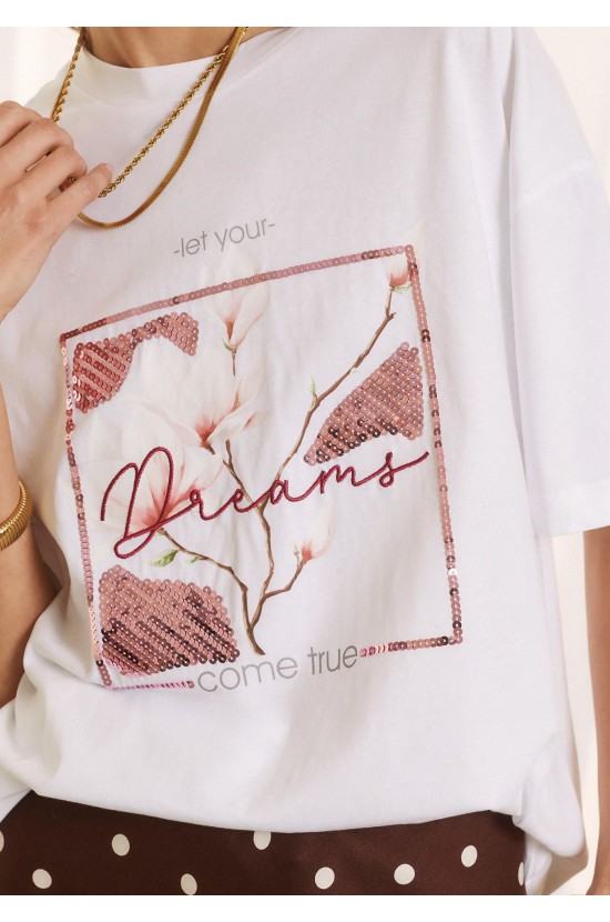 Λευκό T-Shirt Με Παγιέτα Και Floral Print
