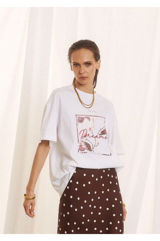 Λευκό T-Shirt Με Παγιέτα Και Floral Print