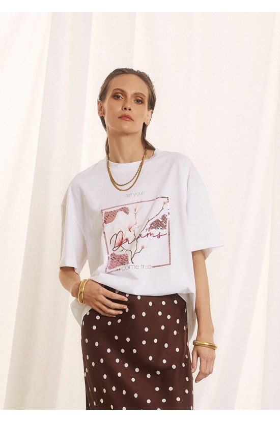 Λευκό T-Shirt Με Παγιέτα Και Floral Print