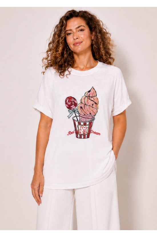 White Blouse with Ice Cream Design Made of Sequins White Blouse with Ice Cream Design Made of Sequins