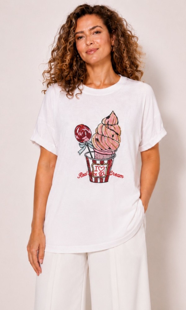 White Blouse with Ice Cream Design Made of Sequins