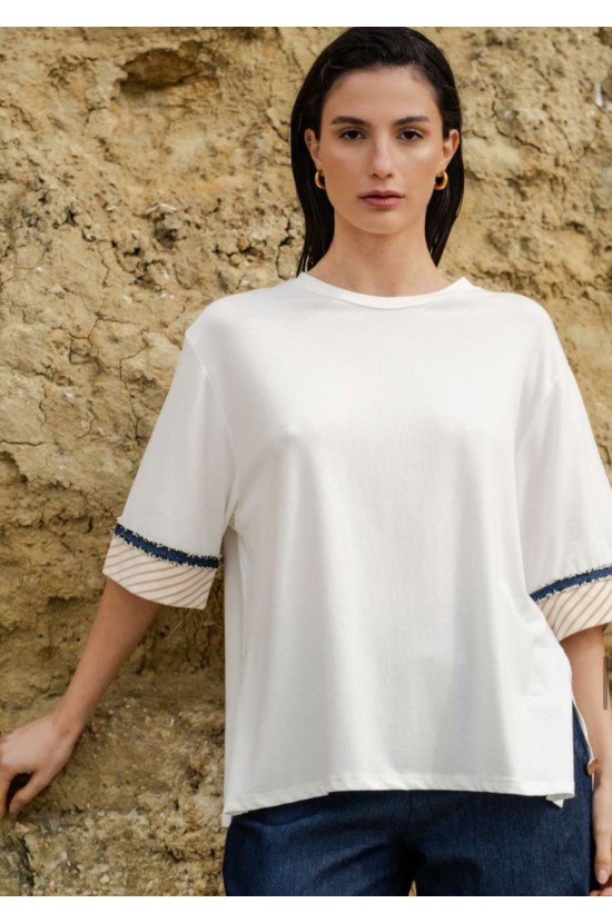 White T-Shirt with Striped Sleeves White T-Shirt with Striped Sleeves