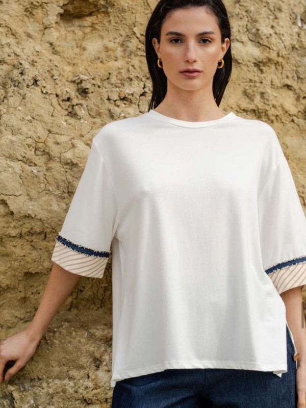 White T-Shirt with Striped Sleeves