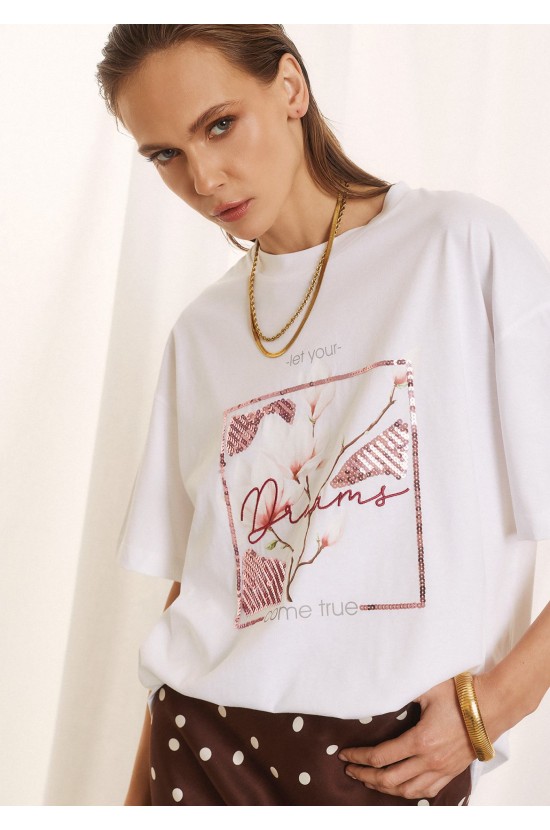 Λευκό T-Shirt Με Παγιέτα Και Floral Print